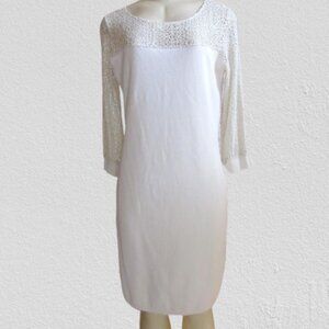 Kathleen Madden Off White Knit Knee Length Dress w Embrodery Sz L, Made in Italy